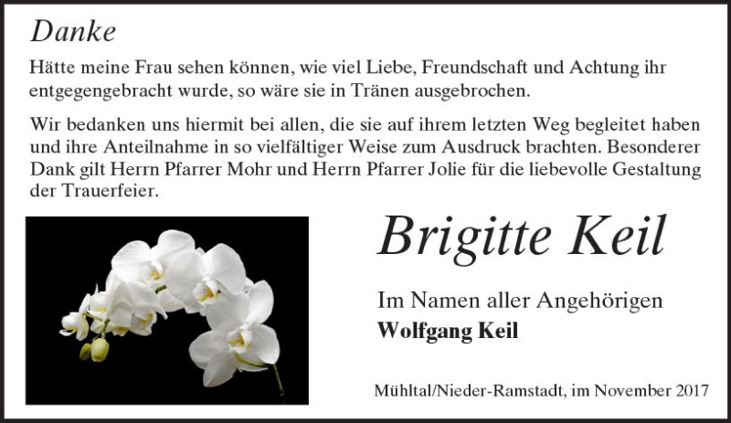  Traueranzeige für Brigitte Keil vom 04.11.2017 aus Trauerportal Echo Online