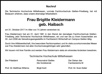 Traueranzeige von Brigitte Kleidermann von  Gießener Anzeiger
