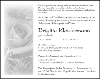 Traueranzeige von Brigitte Kleidermann von  Gießener Anzeiger