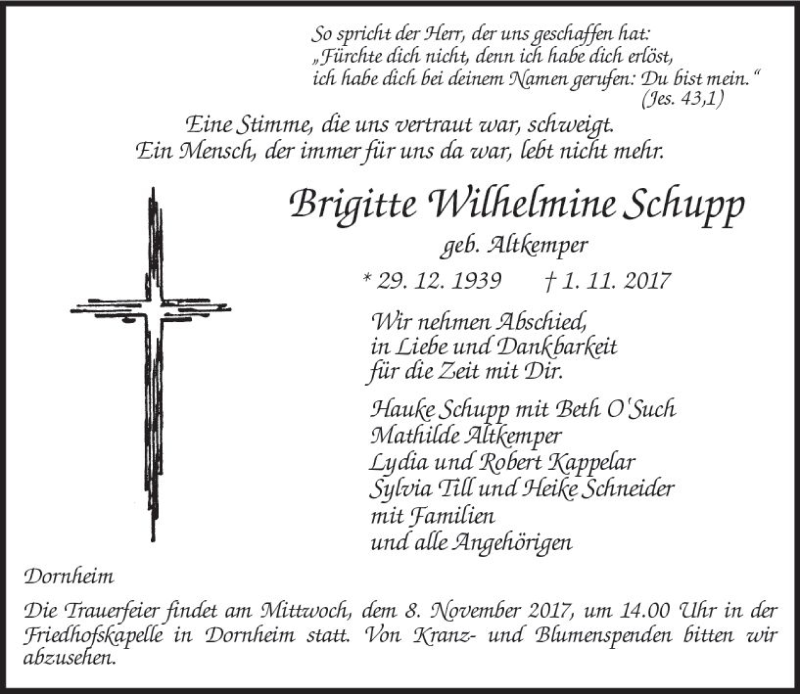  Traueranzeige für Brigitte Wilhelmine Schupp vom 06.11.2017 aus Trauerportal Echo Online