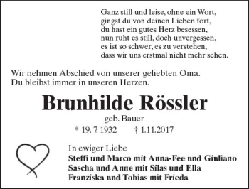 Traueranzeige von Brunhilde Rössler von  Kreisanzeiger