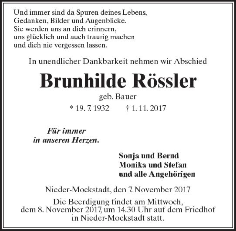  Traueranzeige für Brunhilde Rössler vom 07.11.2017 aus  Kreisanzeiger
