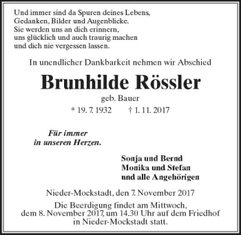 Traueranzeige von Brunhilde Rössler von  Kreisanzeiger
