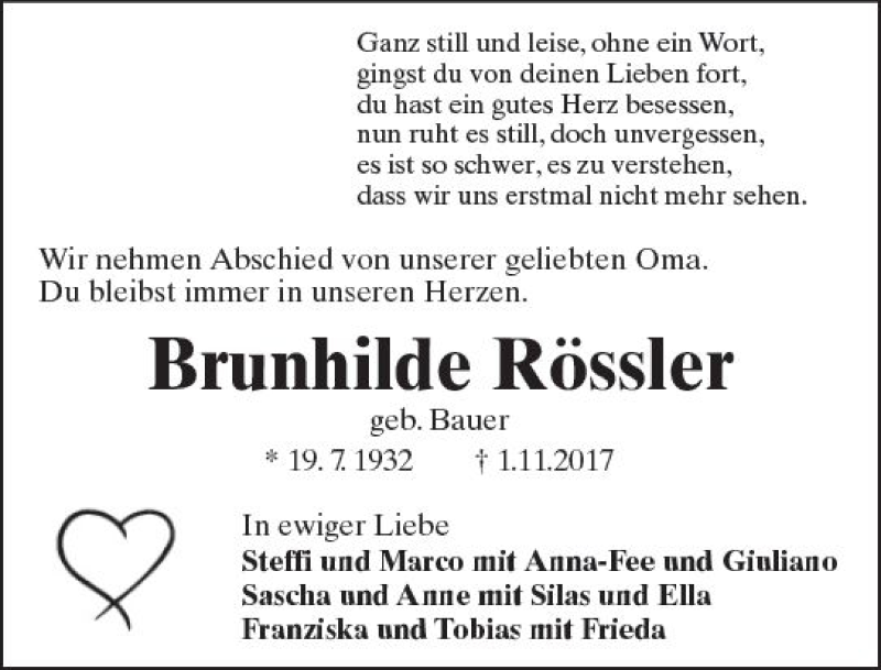  Traueranzeige für Brunhilde Rössler vom 07.11.2017 aus  Kreisanzeiger