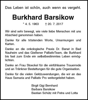 Traueranzeige von Burkhard Barsikow von  Gießener Anzeiger