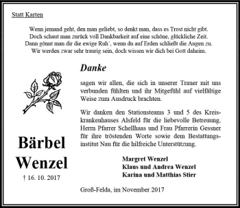 Traueranzeige von Bärbel Wenzel von VRM Trauer