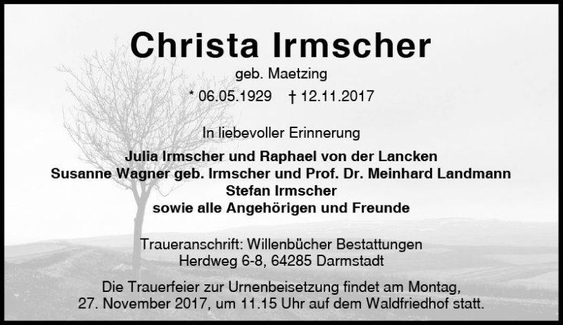  Traueranzeige für Christa Irmscher vom 22.11.2017 aus Trauerportal Echo Online