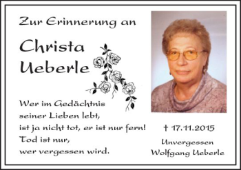 Traueranzeige von Christa Ueberle von Trauerportal Rhein Main Presse