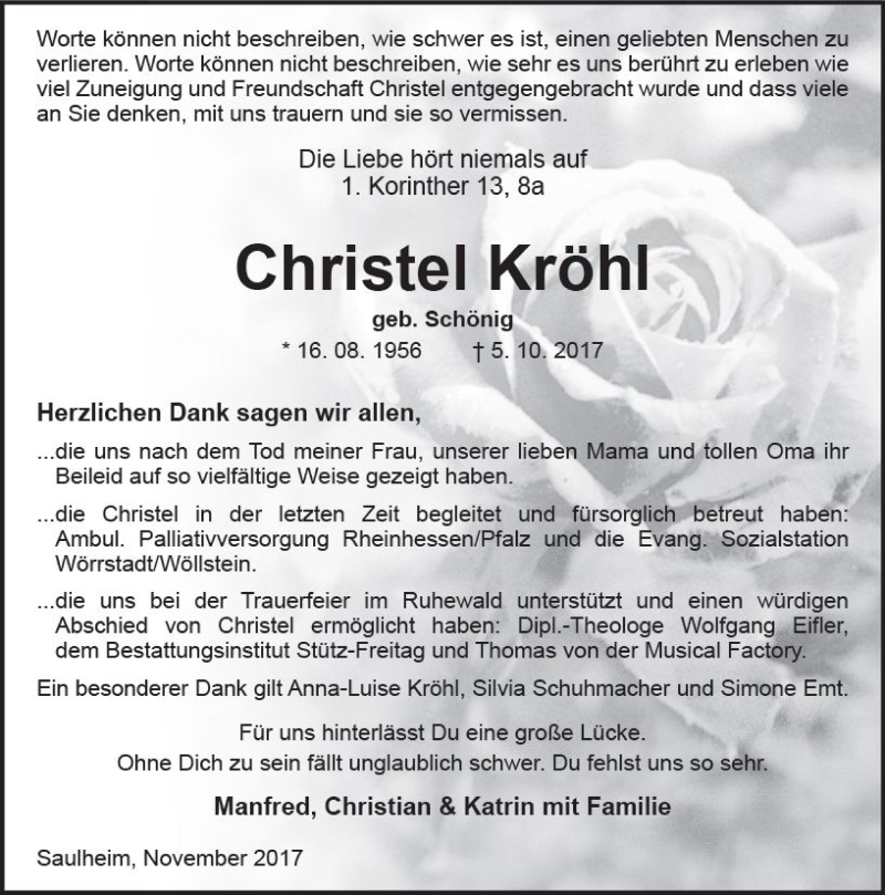  Traueranzeige für Christel Kröhl vom 18.11.2017 aus Trauerportal Rhein Main Presse
