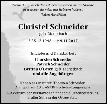 Traueranzeige von Christel Schneider von Trauerportal Rhein Main Presse