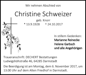 Traueranzeige von Christine Schweizer von Trauerportal Echo Online
