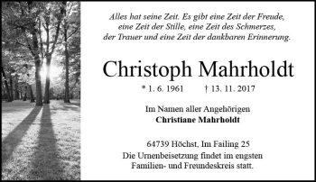 Traueranzeige von Christoph Mahrholdt von Trauerportal Echo Online