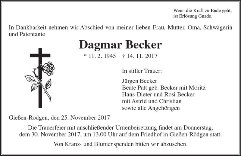  Traueranzeige für Dagmar Becker vom 25.11.2017 aus  Gießener Anzeiger