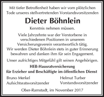 Traueranzeige von Dieter Böhnlein von Trauerportal Echo Online