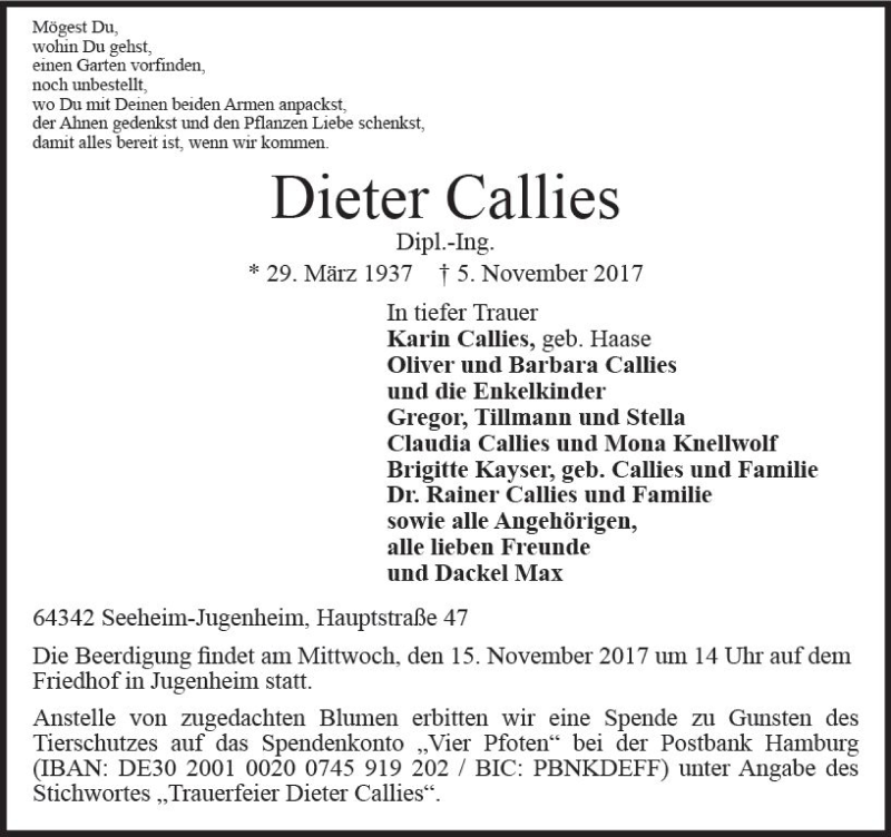  Traueranzeige für Dieter Callies vom 11.11.2017 aus Trauerportal Echo Online