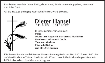 Traueranzeige von Dieter Hansel von Trauerportal Echo Online