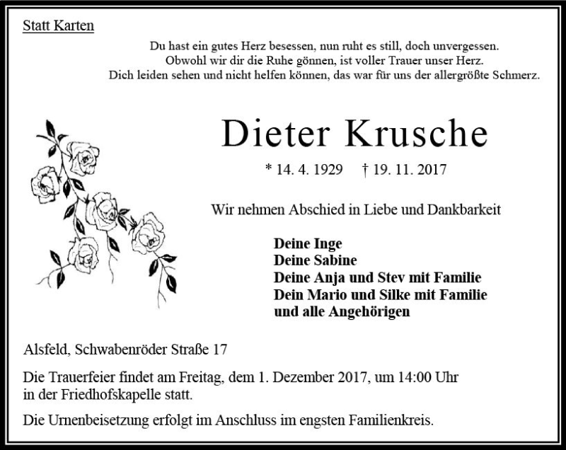  Traueranzeige für Dieter Krusche vom 25.11.2017 aus VRM Trauer