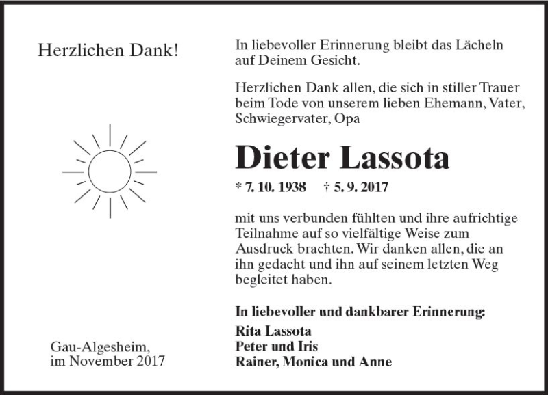  Traueranzeige für Dieter Lassota vom 04.11.2017 aus Trauerportal Rhein Main Presse