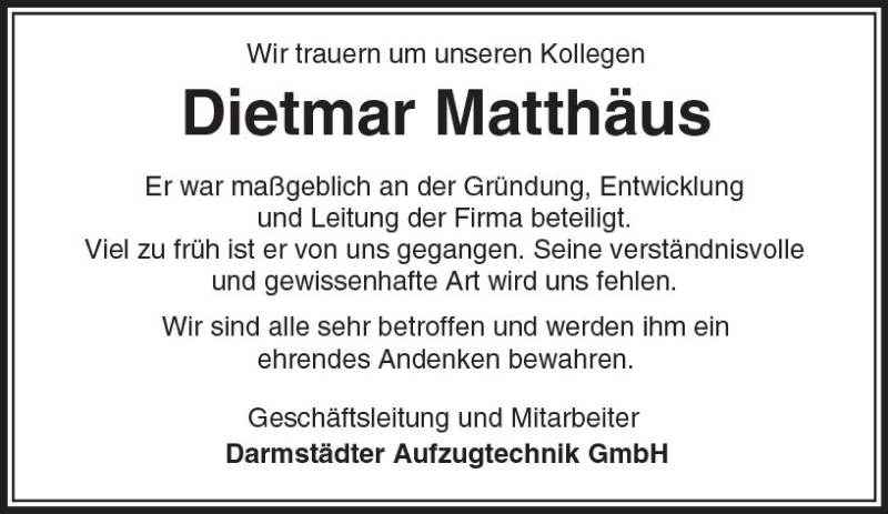  Traueranzeige für Dietmar Matthäus vom 11.11.2017 aus Trauerportal Echo Online