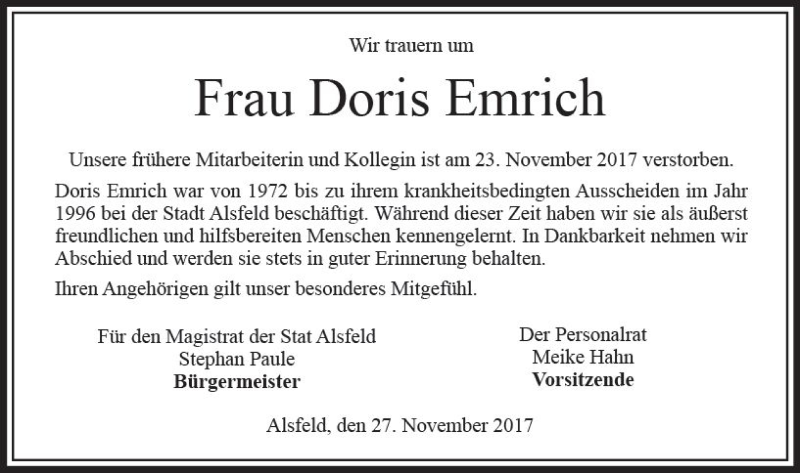  Traueranzeige für Doris Emrich vom 28.11.2017 aus VRM Trauer