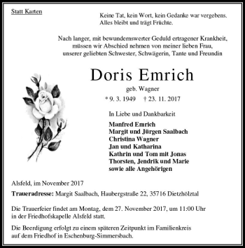 Traueranzeige von Doris Emrich von VRM Trauer