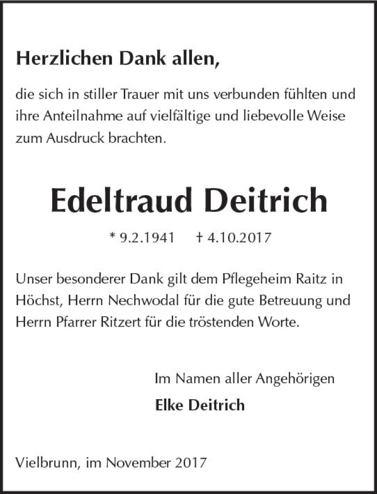  Traueranzeige für Edeltraud Deitrich vom 11.11.2017 aus Trauerportal Echo Online