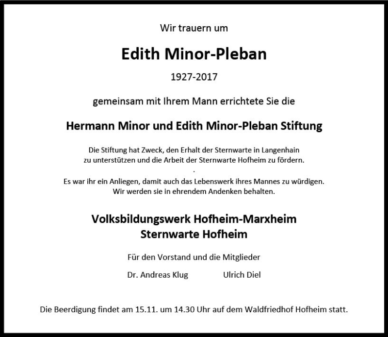  Traueranzeige für Edith Minor-Pleban vom 10.11.2017 aus Trauerportal Rhein Main Presse