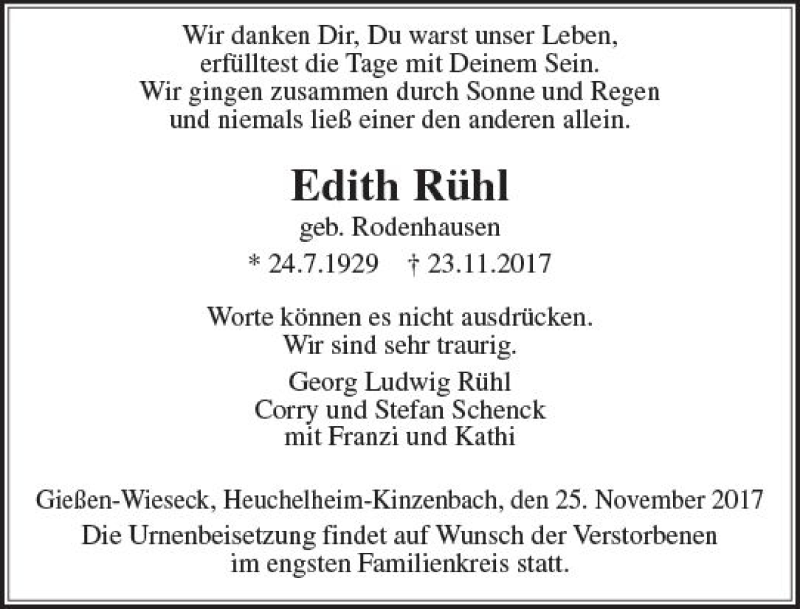  Traueranzeige für Edith Rühl vom 25.11.2017 aus  Gießener Anzeiger