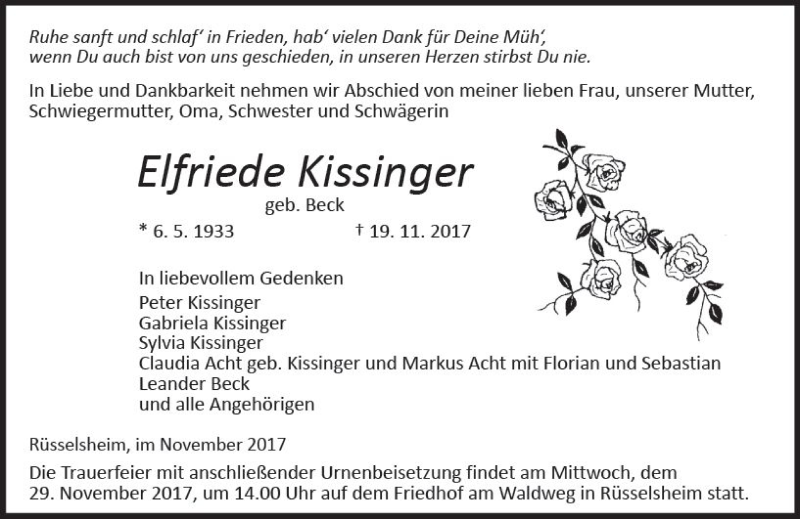  Traueranzeige für Elfriede Kissinger vom 25.11.2017 aus Trauerportal Rhein Main Presse