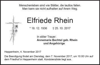 Traueranzeige von Elfriede Rhein von Trauerportal Echo Online