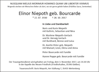 Traueranzeige von Elinor Niepoth von  Gießener Anzeiger