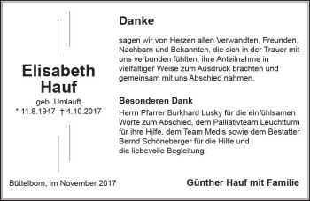 Traueranzeige von Elisabeth Hauf von Trauerportal Echo Online