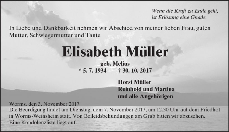  Traueranzeige für Elisabeth Müller vom 03.11.2017 aus Trauerportal Rhein Main Presse