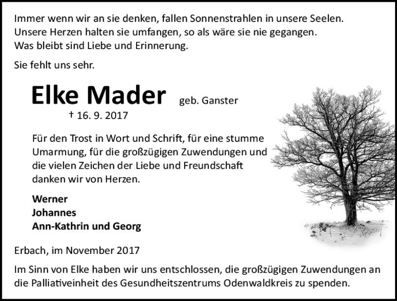  Traueranzeige für Elke Mader vom 03.11.2017 aus Trauerportal Echo Online