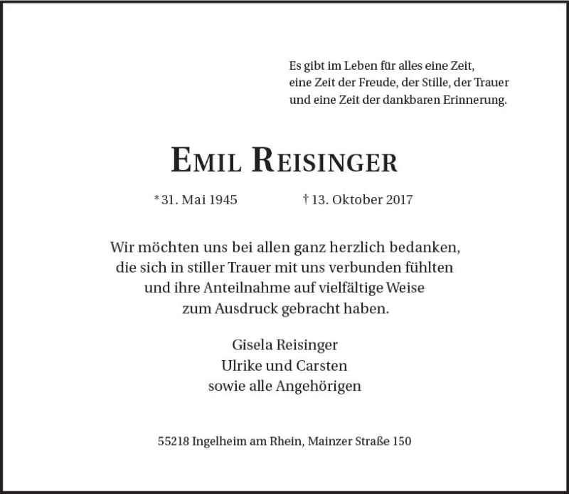  Traueranzeige für Emil Reisinger vom 10.11.2017 aus Trauerportal Rhein Main Presse