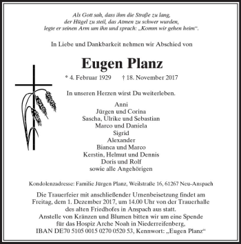 Traueranzeige von Engen Planz von  Usinger Anzeiger