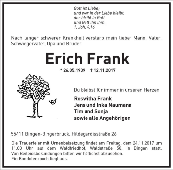 Traueranzeige von Erich Frank von Trauerportal Rhein Main Presse