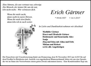 Traueranzeige von Erich Gärtner von Trauerportal Echo Online
