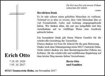 Traueranzeige von Erich Otto von Trauerportal Rhein Main Presse
