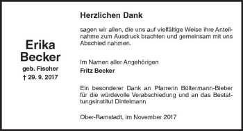 Traueranzeige von Erika Becker von Trauerportal Echo Online