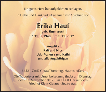 Traueranzeige von Erika Hauf von Trauerportal Echo Online