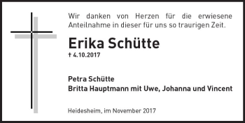 Traueranzeige von Erika Schütte von Trauerportal Rhein Main Presse