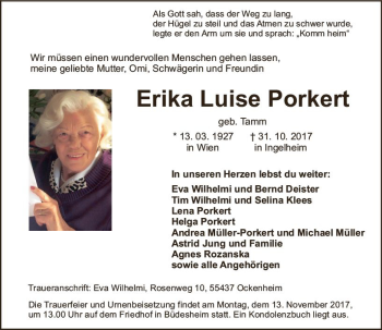 Traueranzeige von Erika Luise Porkert von Trauerportal Rhein Main Presse