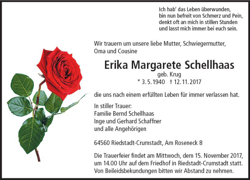  Traueranzeige für Erika Margarete Schellhaas vom 13.11.2017 aus Trauerportal Echo Online