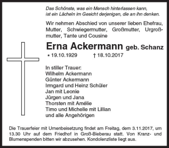 Traueranzeige von Erna Ackermann von Trauerportal Echo Online