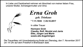 Traueranzeige von Erna Groh von Trauerportal Echo Online