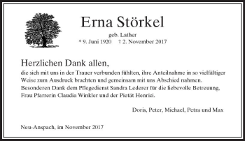 Traueranzeige von Erna Störkel von  Usinger Anzeiger
