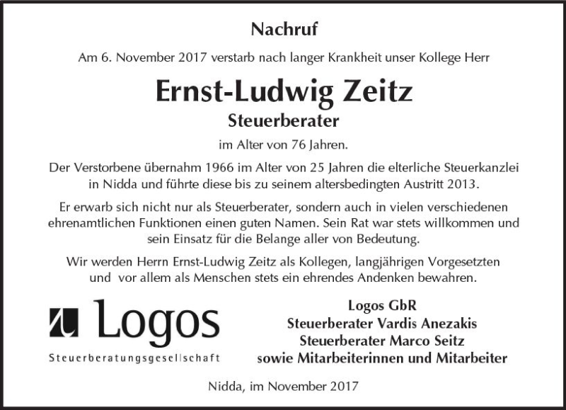  Traueranzeige für Ernst-Ludwig Zeitz vom 21.11.2017 aus  Kreisanzeiger