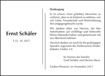 Traueranzeige von Ernst Schäfer von  Gießener Anzeiger