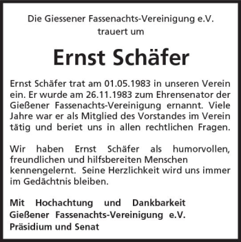 Traueranzeige von Ernst Schäfer von  Gießener Anzeiger